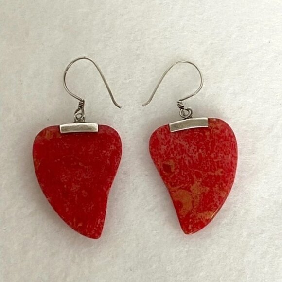 Sterling Silver 925 1.83" Red Sponge Coral Scrollwork Dangle Earrings 4.6g - Picture 11 of 16